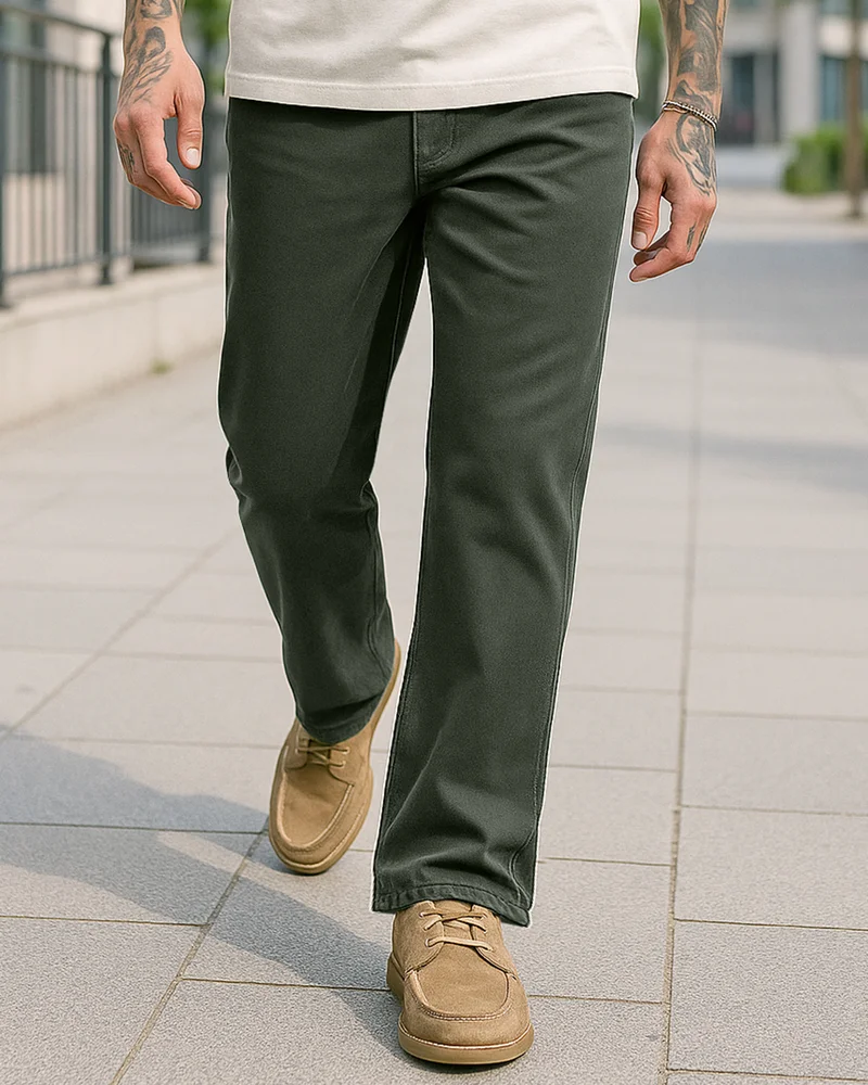 بيواكوف Men's Olive Green Baggy Fit Washed Mid-Rise Jeans